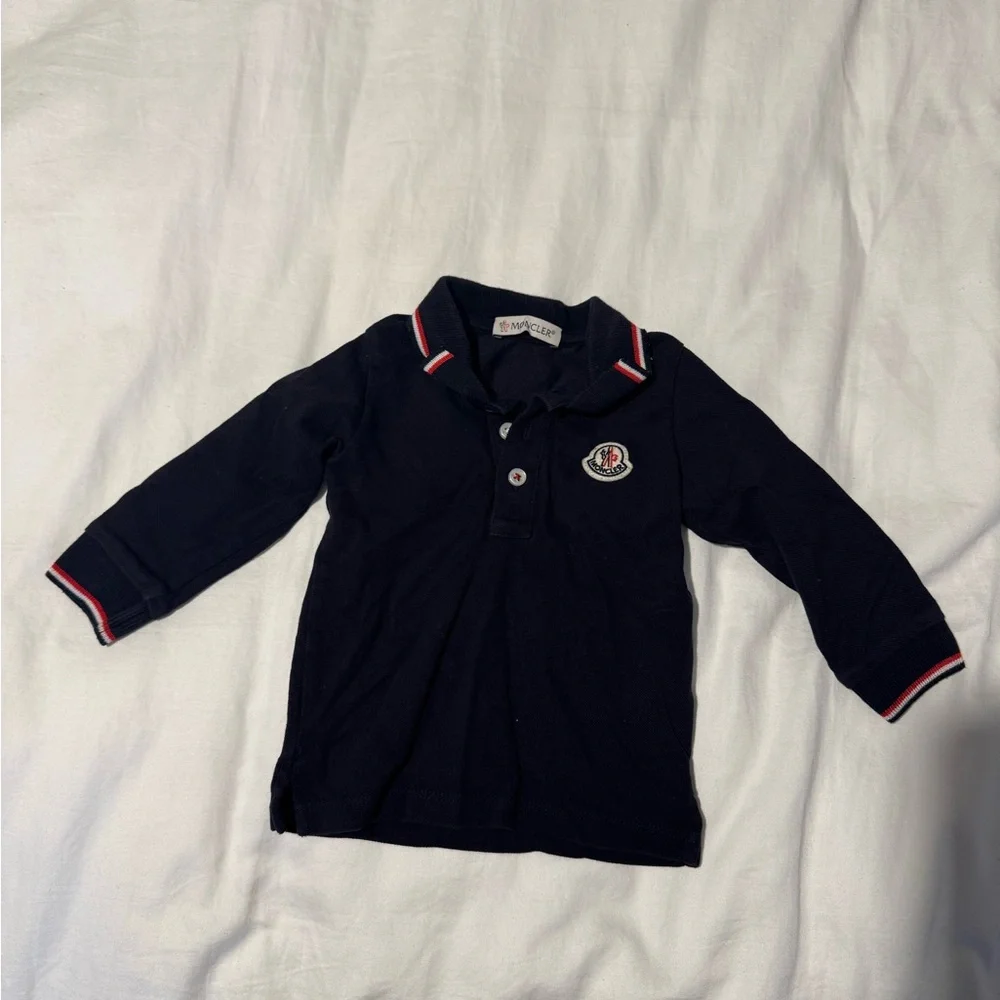 Moncler Navy Long Sleeve Polo with Red & White Trim Detail